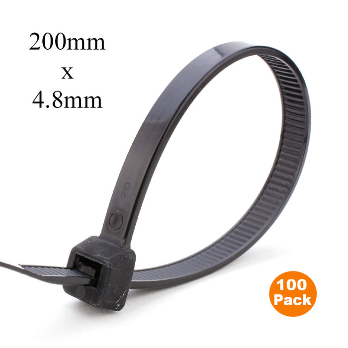 100 x Black Cable Ties 200mm x 4.8mm / Zip Ties