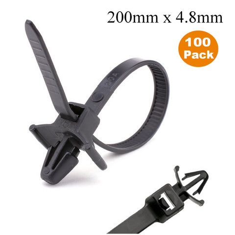 100 x Black Push Mount Winged Cable Ties 200mm x 4.8mm