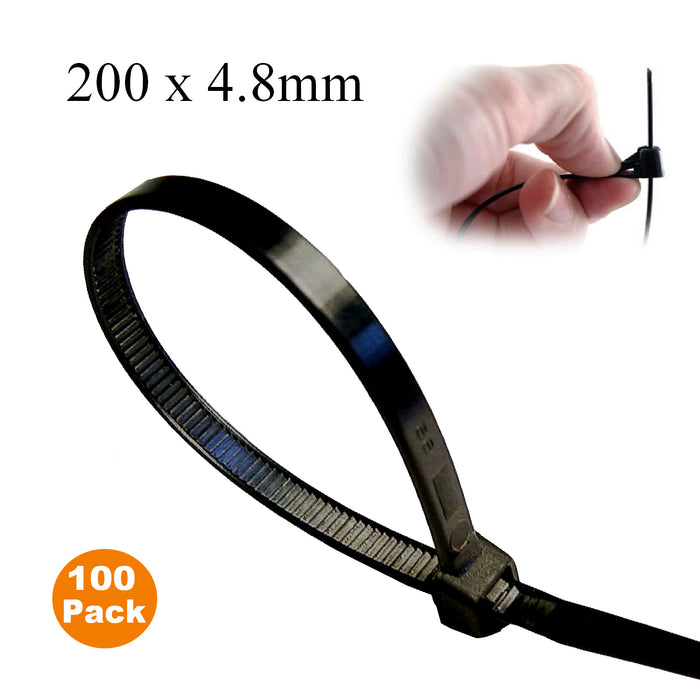 100 x Black Releasable Cable Ties  Size: 200 x 4.8mm
