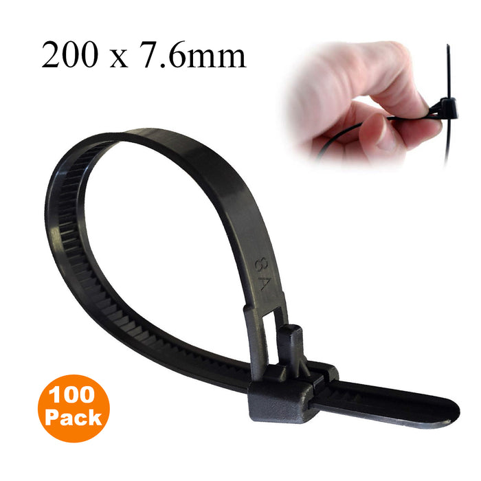 100 x Black Releasable Cable Ties Size: 200 x 7.6mm