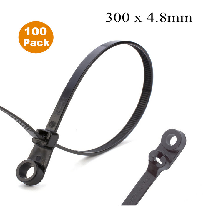 100 x Black Screw Mount Cable Ties 300mm x 4.8mm