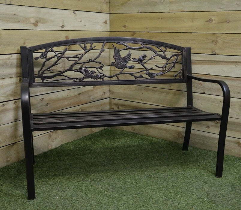Patio Bench with Bird Design Black 2 Seater Steel Garden Furniture