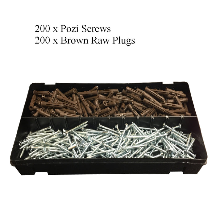 400 x Pozi Screws &Brown Raw Plugs, 8 x 2" Twin Thread