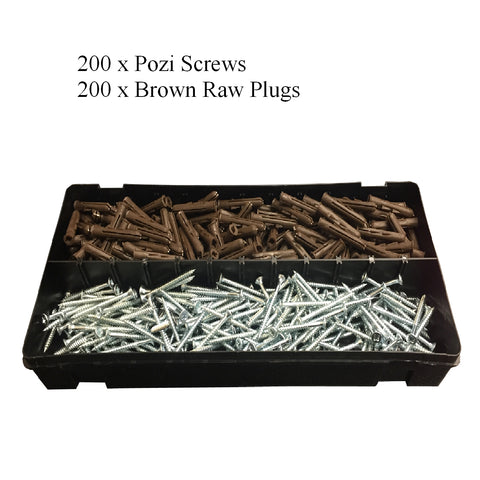 400 x Pozi Screws &<br>Brown Raw Plugs, 8 x 2" Twin Thread