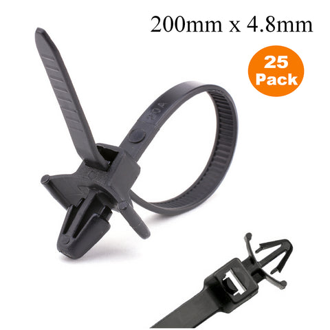 25 x Black Push Mount Winged Cable Ties 200mm x 4.8mm