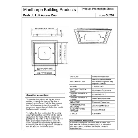 Manthorpe GL260 Push Up Loft Trap Door & Frame 562 x 562mm Insulated Hatch