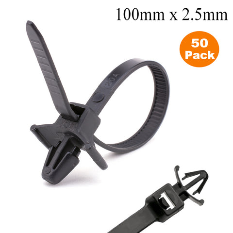 50 x Black Push Mount Winged Cable Ties 100mm x 2.5mm