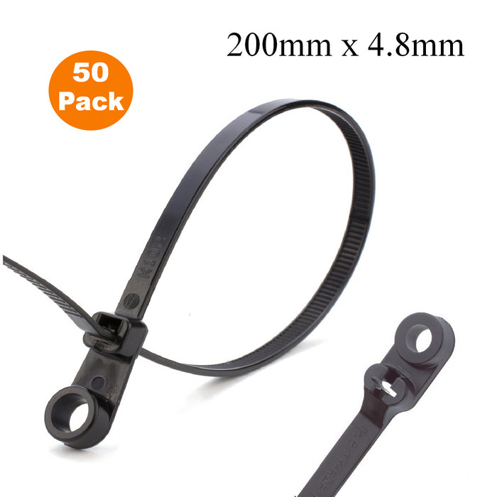 50 x Black Screw Mount Cable Ties 200mm x 4.8mm