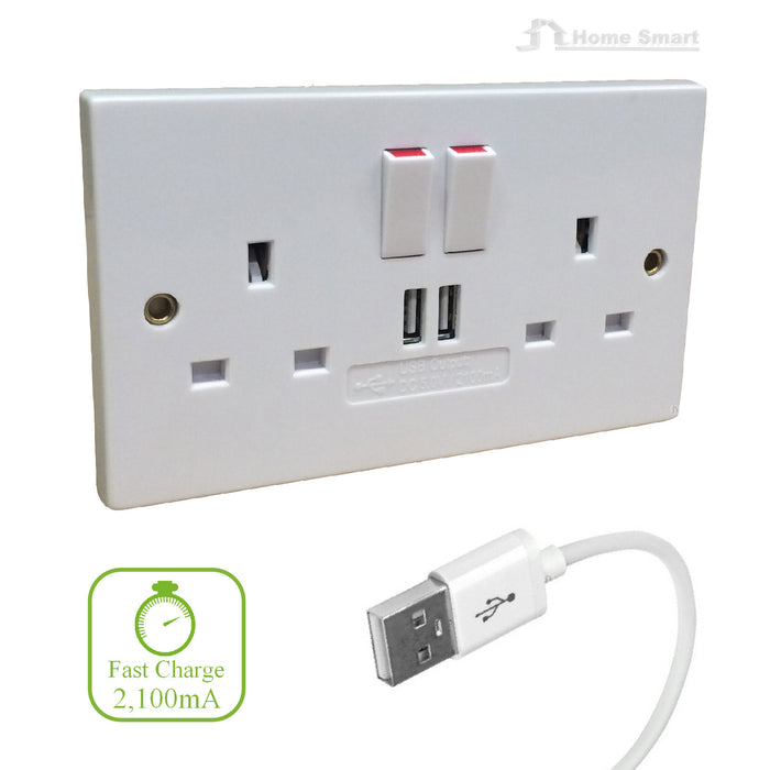 Double Wall Socket with Twin USB fast Charger Ports