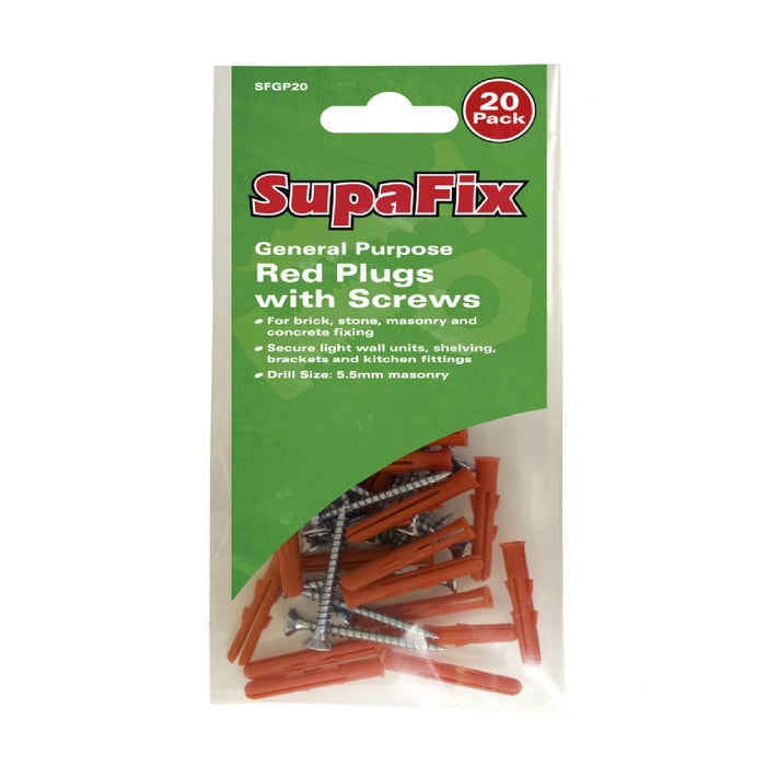 20 x Red Raw Wall Plugs with Screws Drill Size: 5.5mm