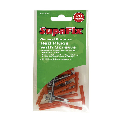 20 x Red Raw Wall Plugs with Screws<br> Drill Size: 5.5mm
